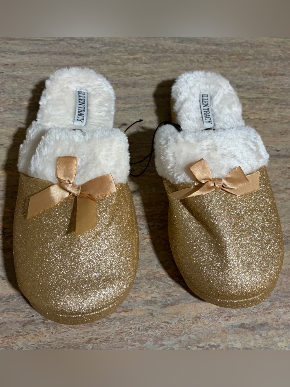 NWOB Ellen Tracy Gold Glitter Slip-On Memory Foam Slippers with Faux Fur Trim